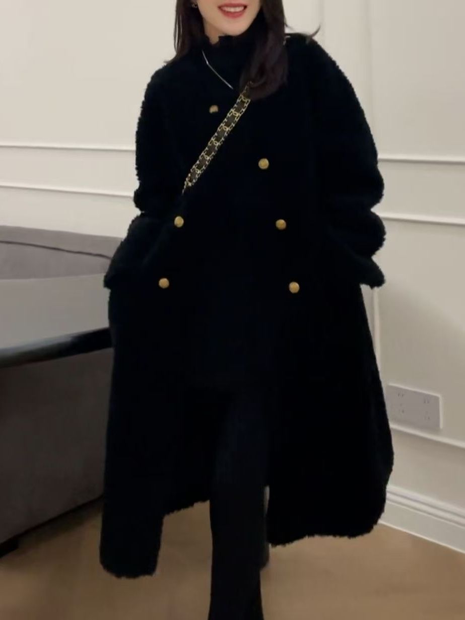 Wool Coat Peacoat - プラスサイズミッドレングスラムファージャケット厚みのある黒のルーズコート韓国スタイル通勤ハイウエストポリエステル繊維長袖