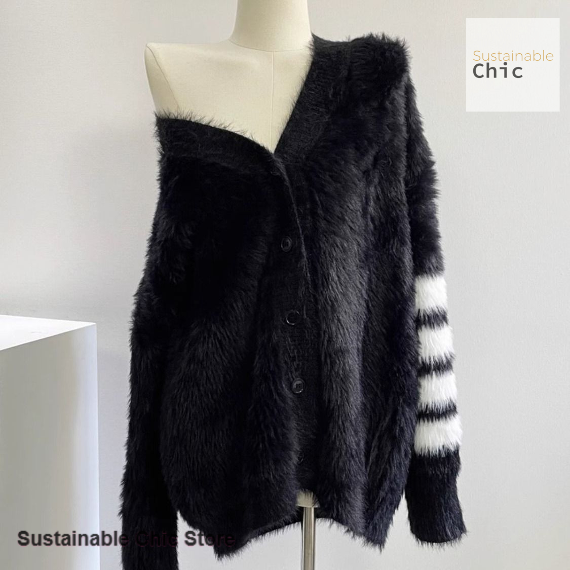 Wool Coat Peacoat - 韓国風黒色新作ミンクカシミヤカーディガンロングセーター女性用秋冬新作おしゃれゆったりカジュアルニットコート。