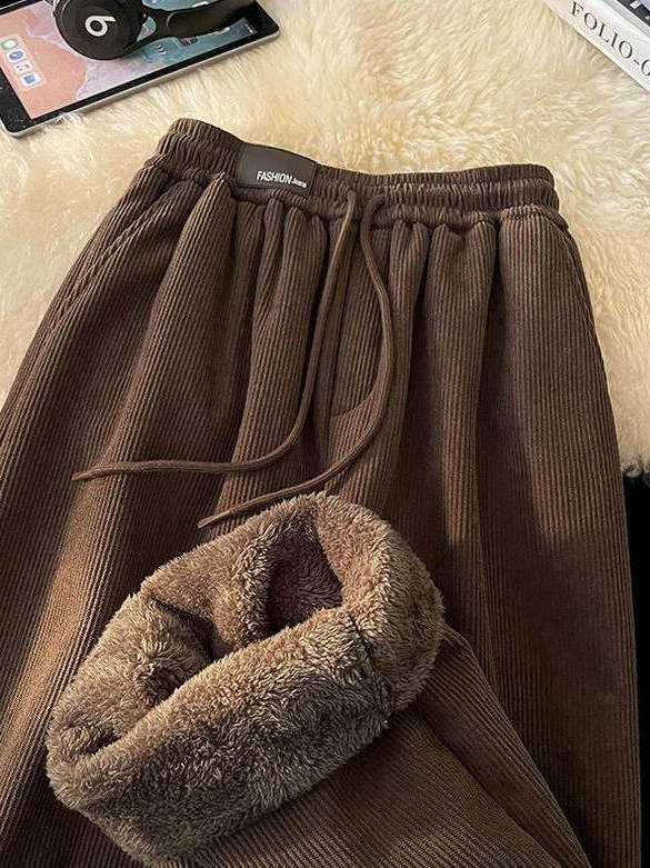 Corduroy Pant Warm - アメリカンスタイルフリース裏地付き厚手ラムベルベットカジュアルパンツ秋冬スウェットパンツゆったり暖かいストレートコーデュロイロングパンツトレンディ