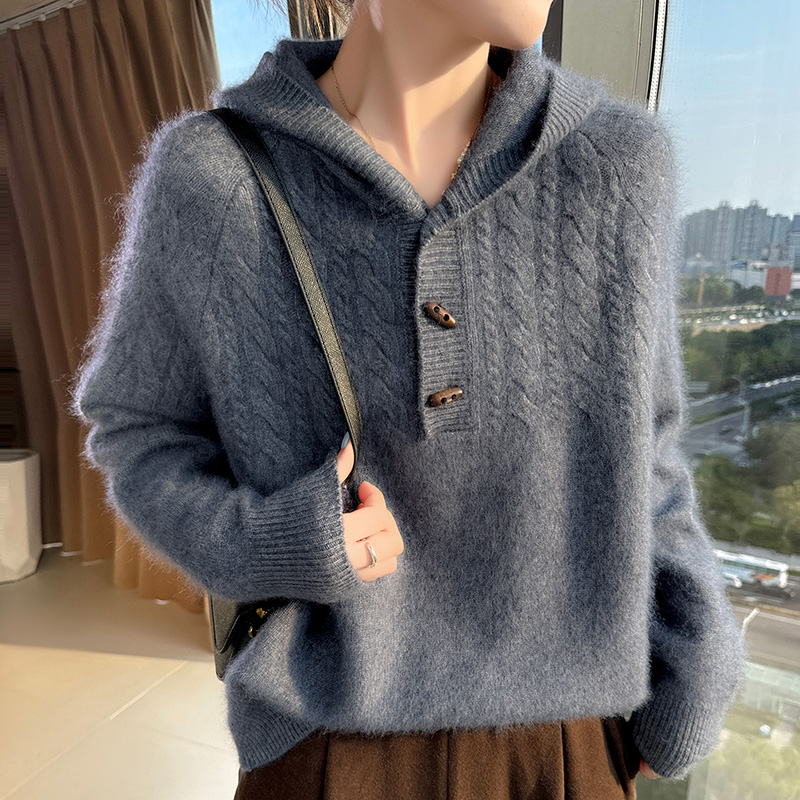 Wool Coat Peacoat - 100% 純粋なミンクカシミヤニットフード付きセーター女性のフード付き襟ルーズプルオーバーファッションツイスト長袖パーカー厚いコート