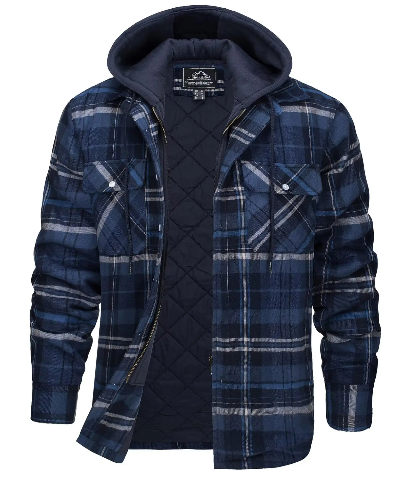 Flannel Shirt Lined - 2026年新作、取り外し可能なフード付き、チェック柄のキルティング裏地が付いた、厚手のフリース素材のメンズ・フランネルシャツジャケット、冬用アウター。